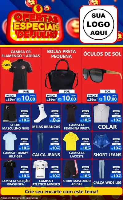 Modelo de Encarte para Encarte Grande com o tema Ofertas Especiais de Julho para Roupas e acessórios
