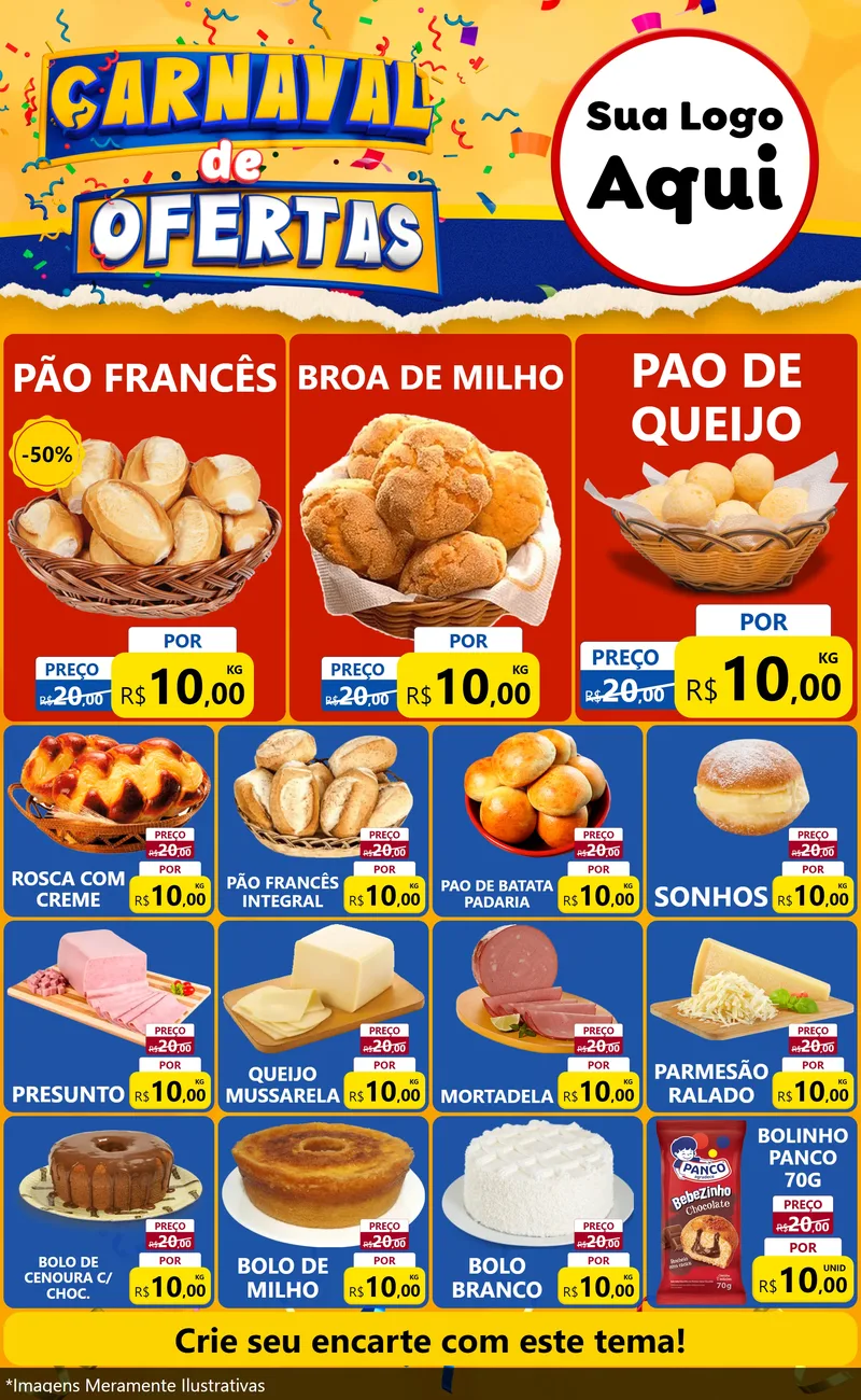 Modelo de Encarte para Encarte Grande com o tema Carnaval de Ofertas para Padaria