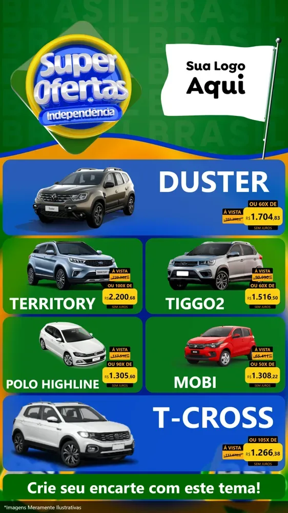 Modelo de TV para TV Vertical com o tema Super Ofertas de Independência para Concessionaria de Carros