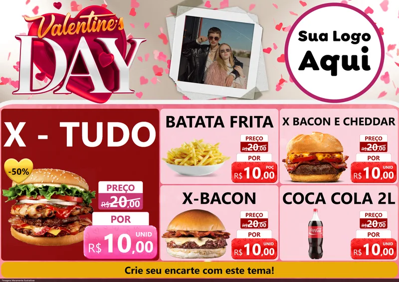 Modelo de Encarte para Encarte A4 Horizontal com o tema Valentine's Day para Hamburgueria