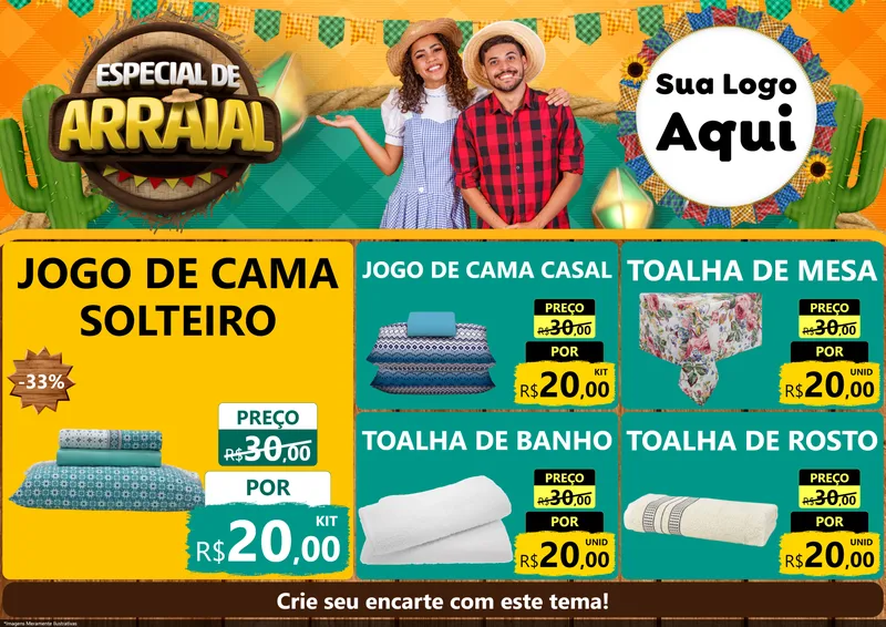 Modelo de Encarte para Encarte A4 Horizontal com o tema Especial De Arraial para Cama, Mesa e Banho