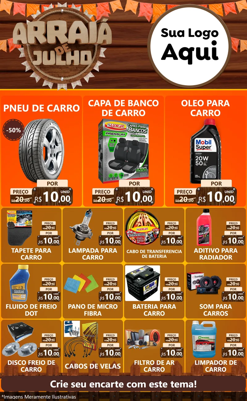 Modelo de Encarte para Encarte Grande com o tema Arraiá de Julho - Junina para Auto peças