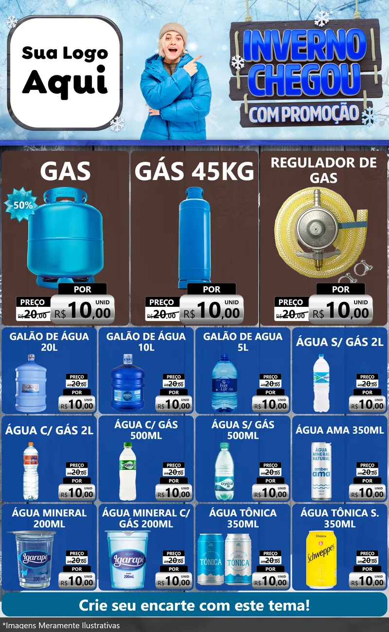 Modelo de Encarte para Encarte Grande com o tema Inverno Chegou Com Promoção para Água e gás