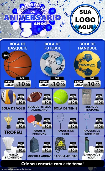 Modelo de Encarte para Encarte Grande com o tema Promoção de Aniversário - 3 Anos para Artigos Esportivos