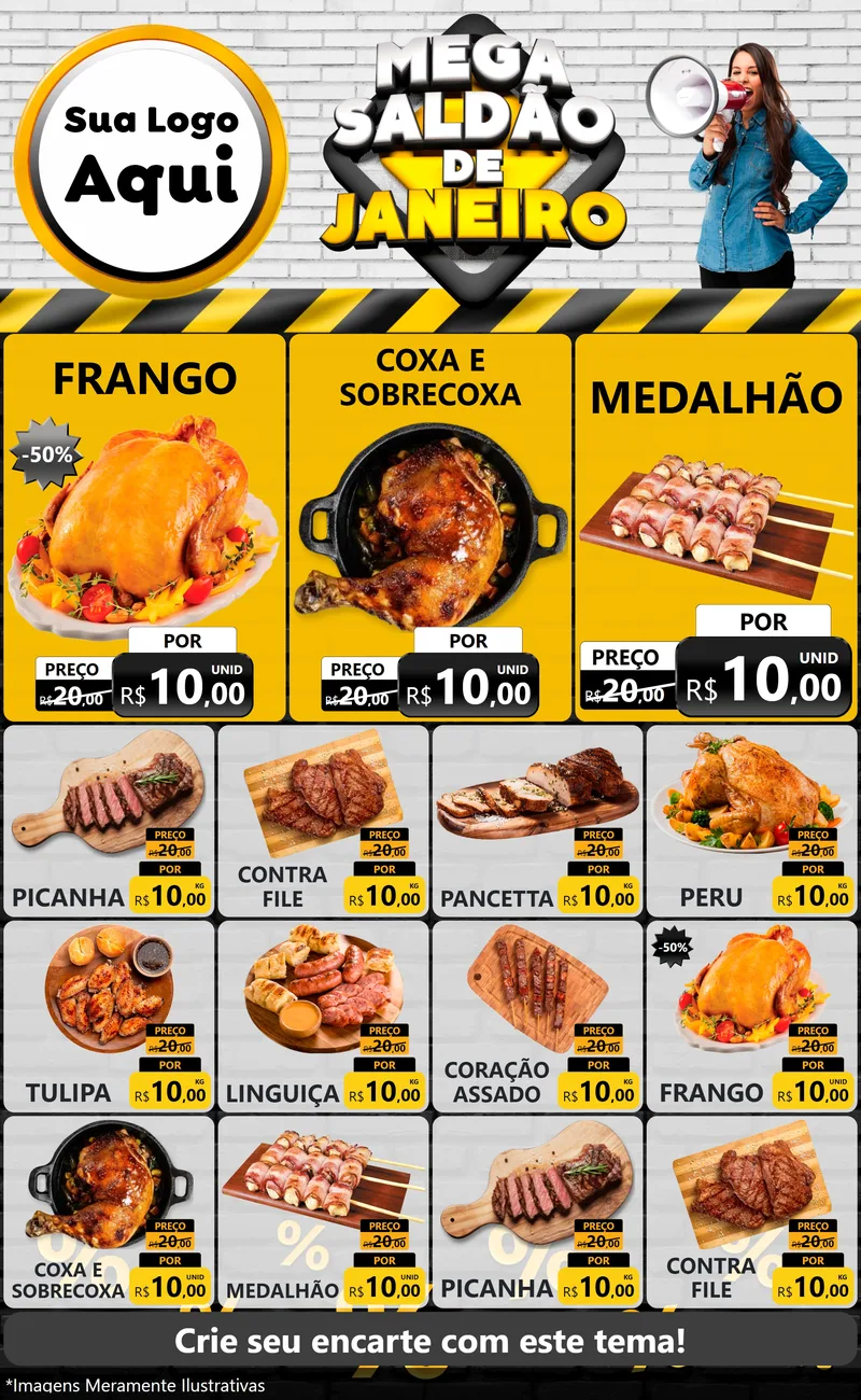 Modelo de Encarte para Encarte Grande com o tema Mega Saldão de Janeiro para Assados