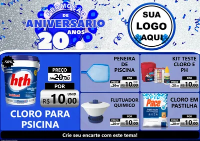 Modelo de Encarte para Encarte A4 Horizontal com o tema Promoção de Aniversário - 20 Anos para Produtos para Piscina
