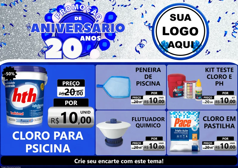 Modelo de Encarte para Encarte A4 Horizontal com o tema Promoção de Aniversário - 20 Anos para Produtos para Piscina