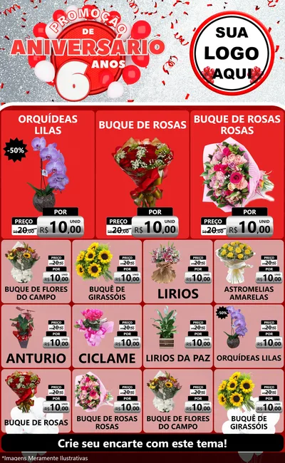Modelo de Encarte para Encarte Grande com o tema Promoção de Aniversário - 6 Anos para Floricultura e jardim