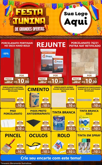 Modelo de Encarte para Encarte Grande com o tema Festa Junina de Grandes Ofertas para Pisos e revestimentos
