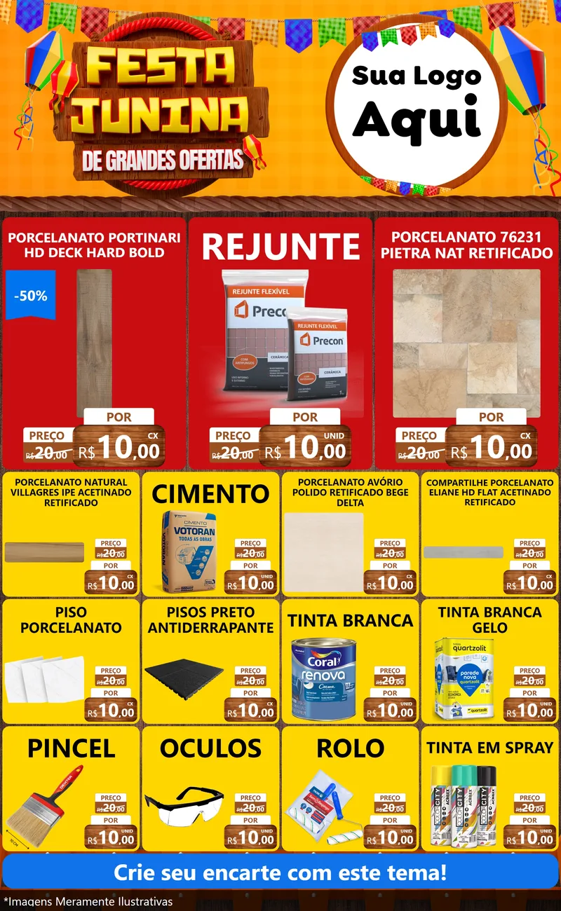 Modelo de Encarte para Encarte Grande com o tema Festa Junina de Grandes Ofertas para Pisos e revestimentos