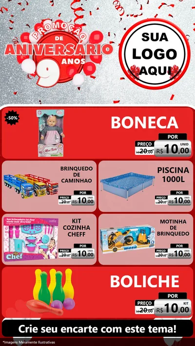 Modelo de TV para TV Vertical com o tema Promoção de Aniversário - 9 Anos para Brinquedos