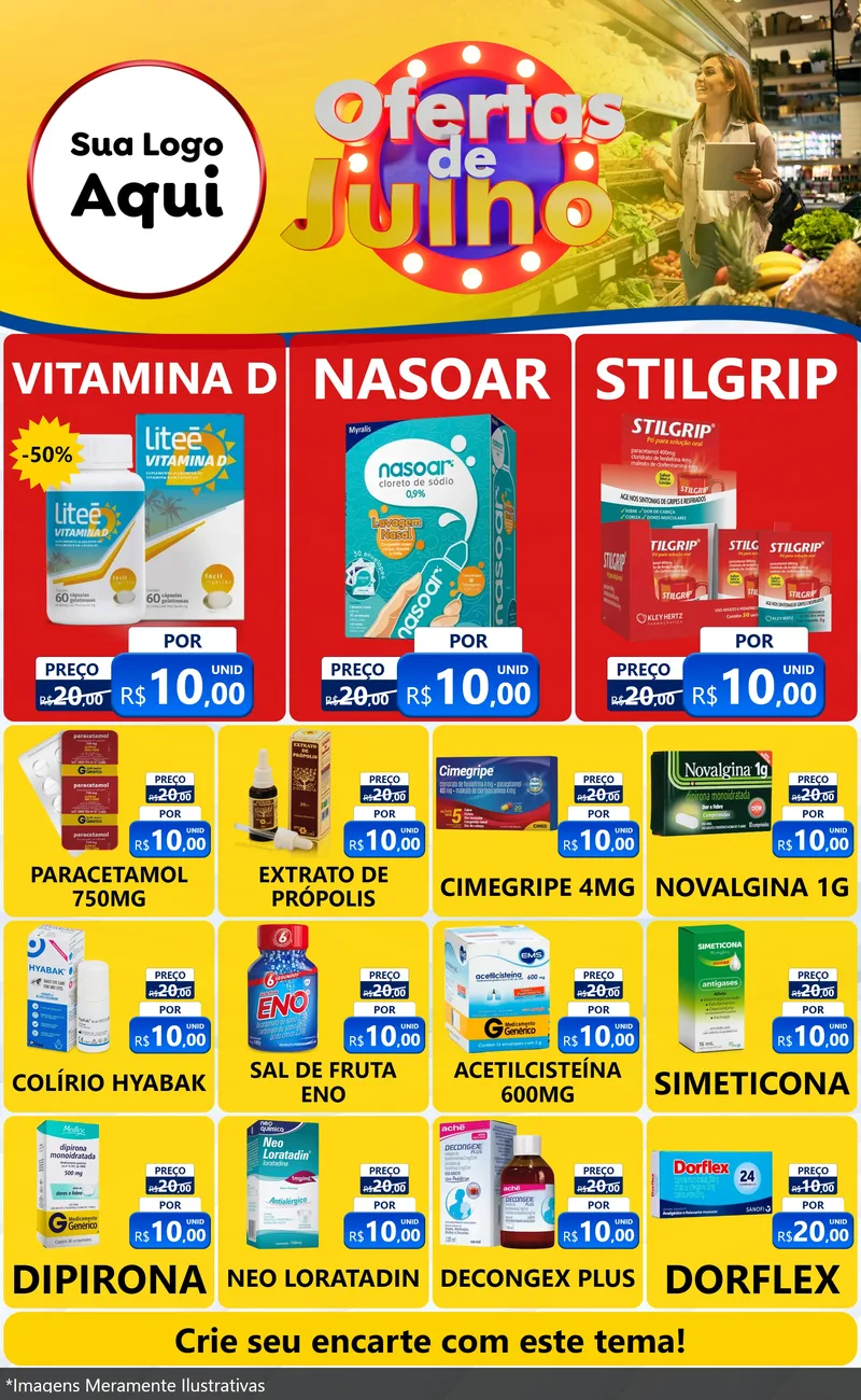 Modelo de Encarte para Encarte Grande com o tema Ofertas de Julho para Farmácia