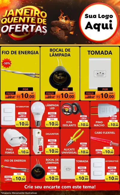 Modelo de Encarte para Encarte Grande com o tema Janeiro Quente de Ofertas para Materiais Elétricos