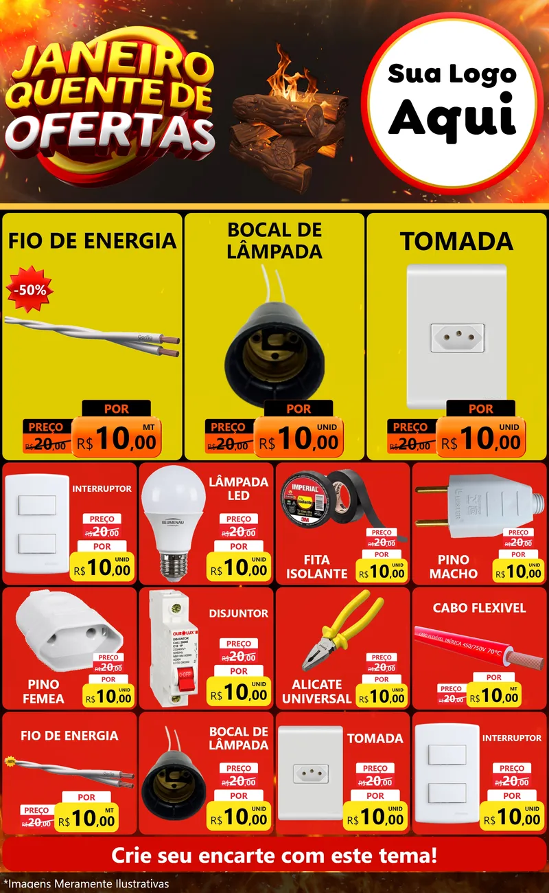 Modelo de Encarte para Encarte Grande com o tema Janeiro Quente de Ofertas para Materiais Elétricos