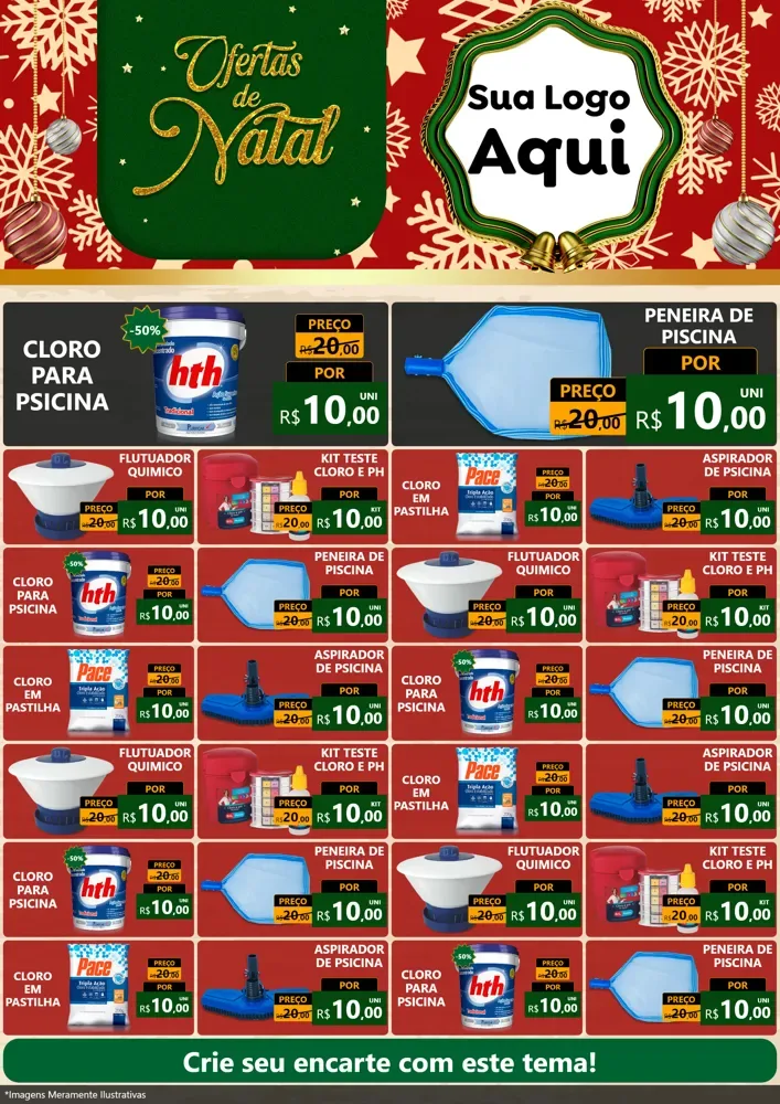 Modelo de Encarte para Encarte A4 Vertical com o tema Natal de Ofertas para Produtos para Piscina