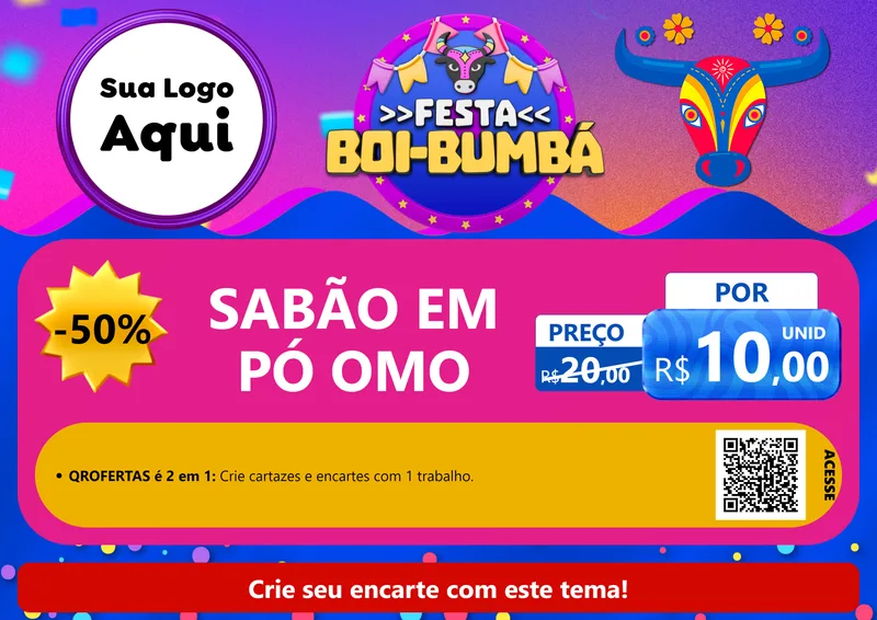 Modelo de Cartaz para Cartaz A4 Horizontal com o tema Festa Boi-Bumbá para Produtos de Limpeza