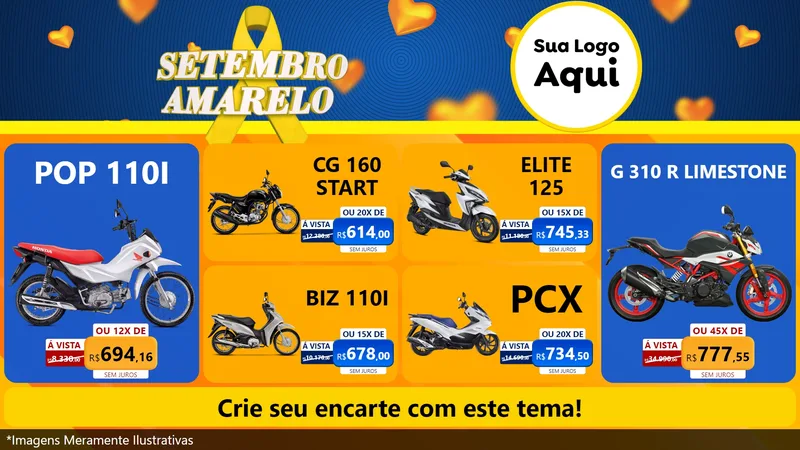 Modelo de TV para TV Horizontal com o tema Setembro Amarelo para Concessionaria de Motos