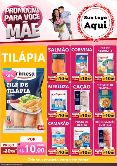 Modelo de Encarte para Encarte A4 Vertical com o tema Promoção Para Você Mãe para Peixaria