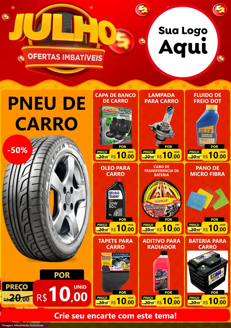 Modelo de Encarte para Encarte A4 Vertical com o tema Julho Ofertas Imbatíveis para Auto peças