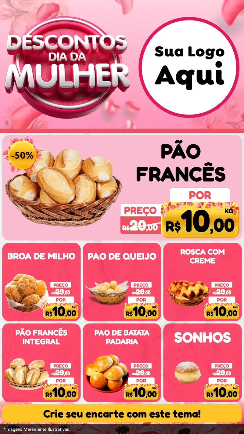 Modelo de Rede Social para Stories com o tema Descontos Dia da Mulher para Padaria