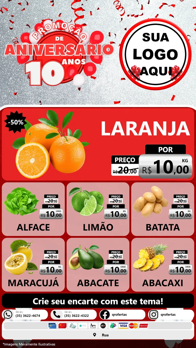 Modelo de Rede Social para Stories com o tema Promoção de Aniversário - 10 Anos para Hortifrúti