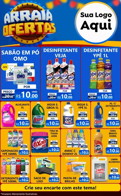 Modelo de Encarte para Encarte Grande com o tema Arraiá de Ofertas - Junina para Produtos de Limpeza