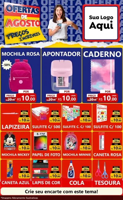 Modelo de Encarte para Encarte Grande com o tema Ofertas de Agosto - Preços Incríveis para Papelaria
