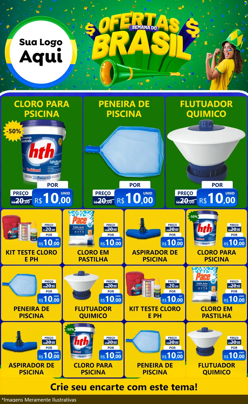 Modelo de Encarte para Encarte Grande com o tema Ofertas Semana do Brasil para Produtos para Piscina