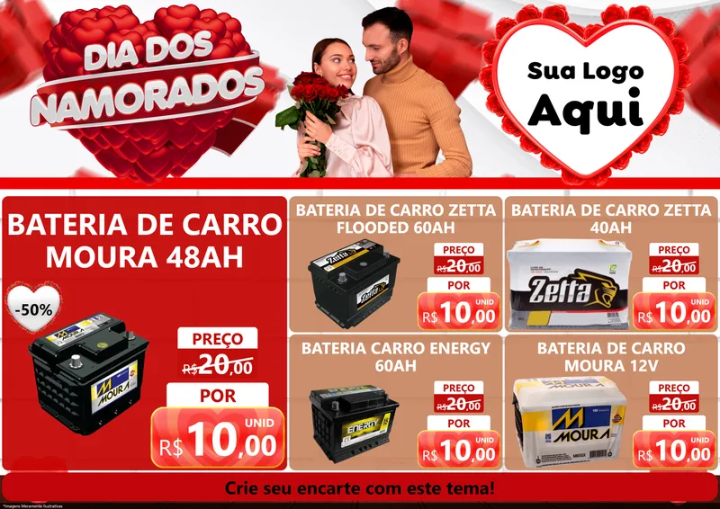 Modelo de Encarte para Encarte A4 Horizontal com o tema Dia dos Namorados para Baterias Elétricas