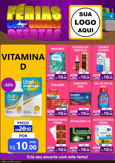 Modelo de Encarte para Encarte A4 Vertical com o tema Férias com Grandes Ofertas para Farmácia