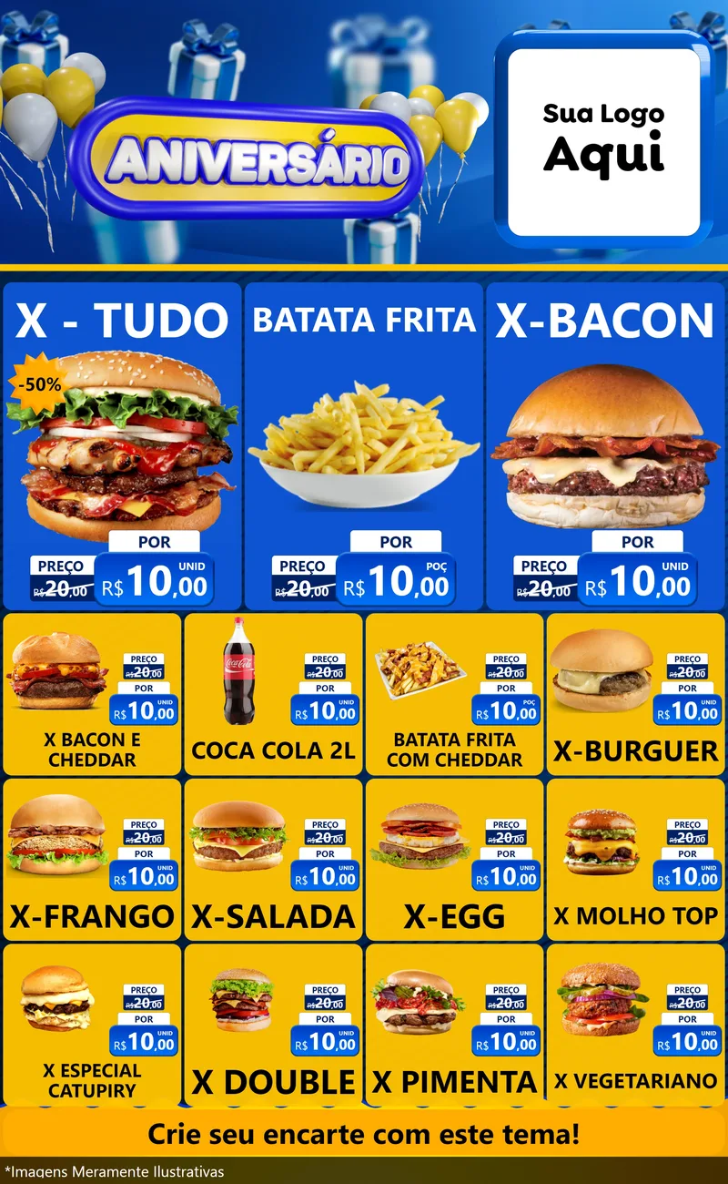 Modelo de Encarte para Encarte Grande com o tema Aniversário para Hamburgueria