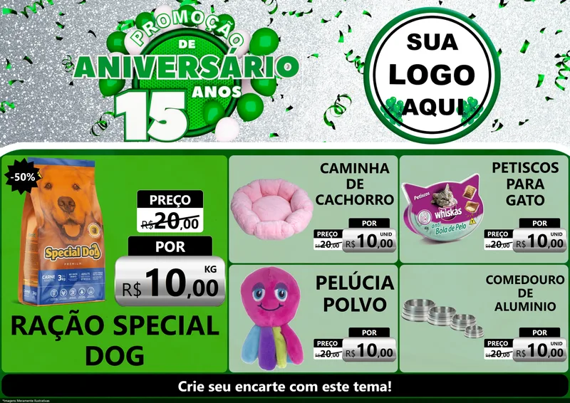 Modelo de Encarte para Encarte A4 Horizontal com o tema Promoção de Aniversário - 15 Anos para Pet Shop