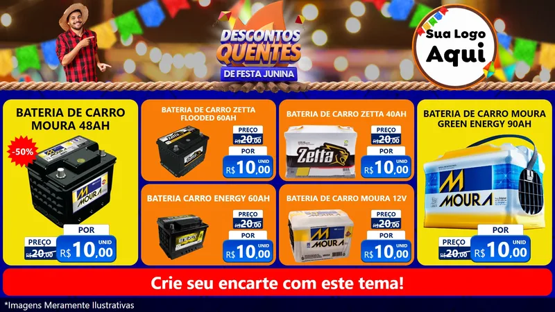 Modelo de TV para TV Horizontal com o tema Descontos Quentes de Festa Junina para Baterias Elétricas
