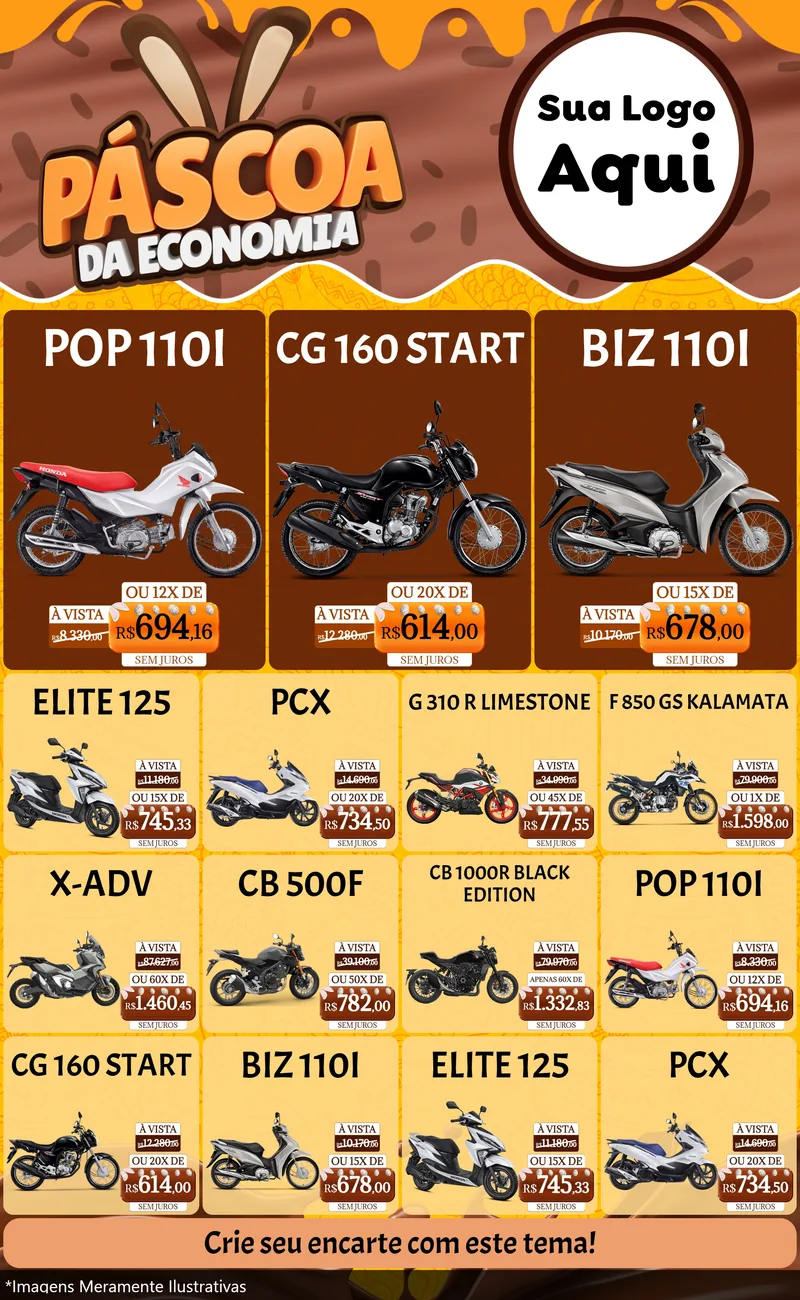 Modelo de Encarte para Encarte Grande com o tema Páscoa da Economia para Concessionaria de Motos