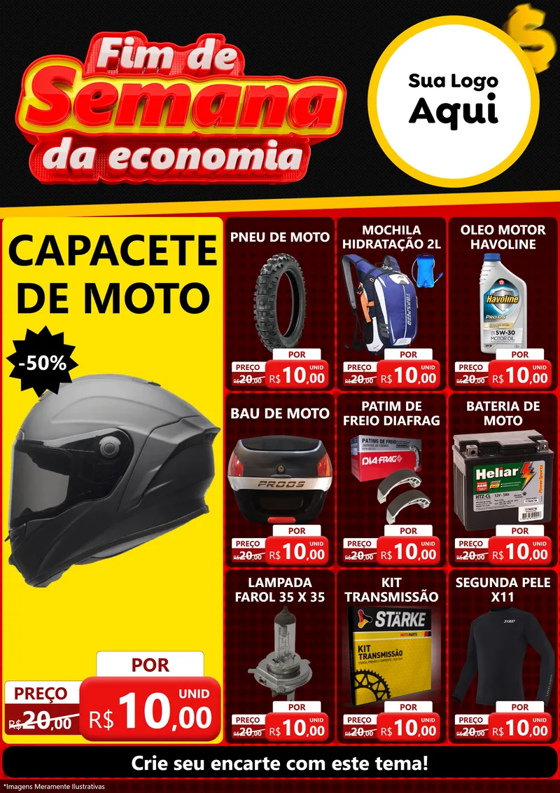Modelo de Encarte para Encarte A4 Vertical com o tema Fim de Semana da Economia para Moto peças