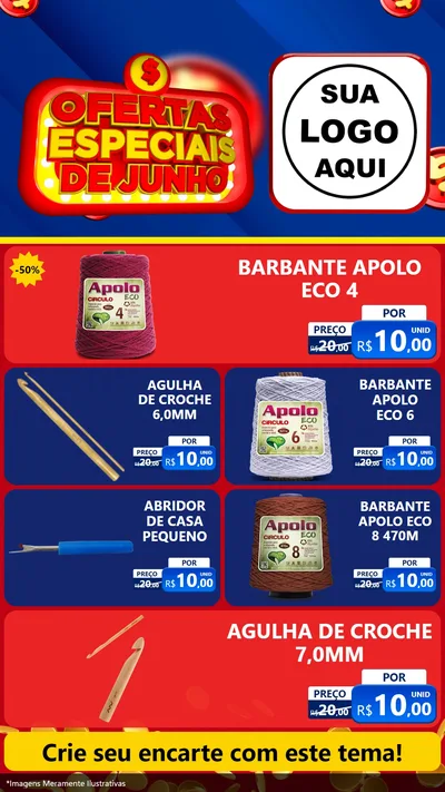 Modelo de TV para TV Vertical com o tema Ofertas Especiais de Junho para Armarinho e Aviamentos
