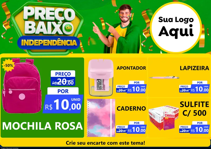 Modelo de Encarte para Encarte A4 Horizontal com o tema Preço Baixo de Independência para Papelaria