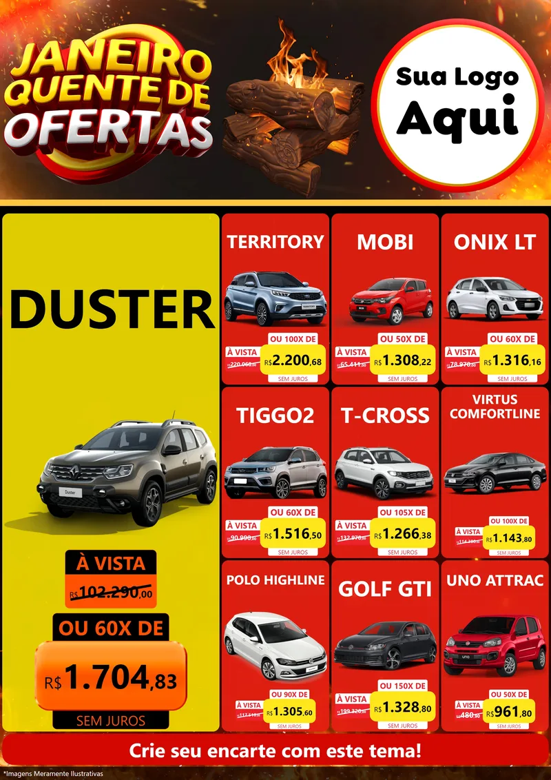 Modelo de Encarte para Encarte A4 Vertical com o tema Janeiro Quente de Ofertas para Concessionaria de Carros