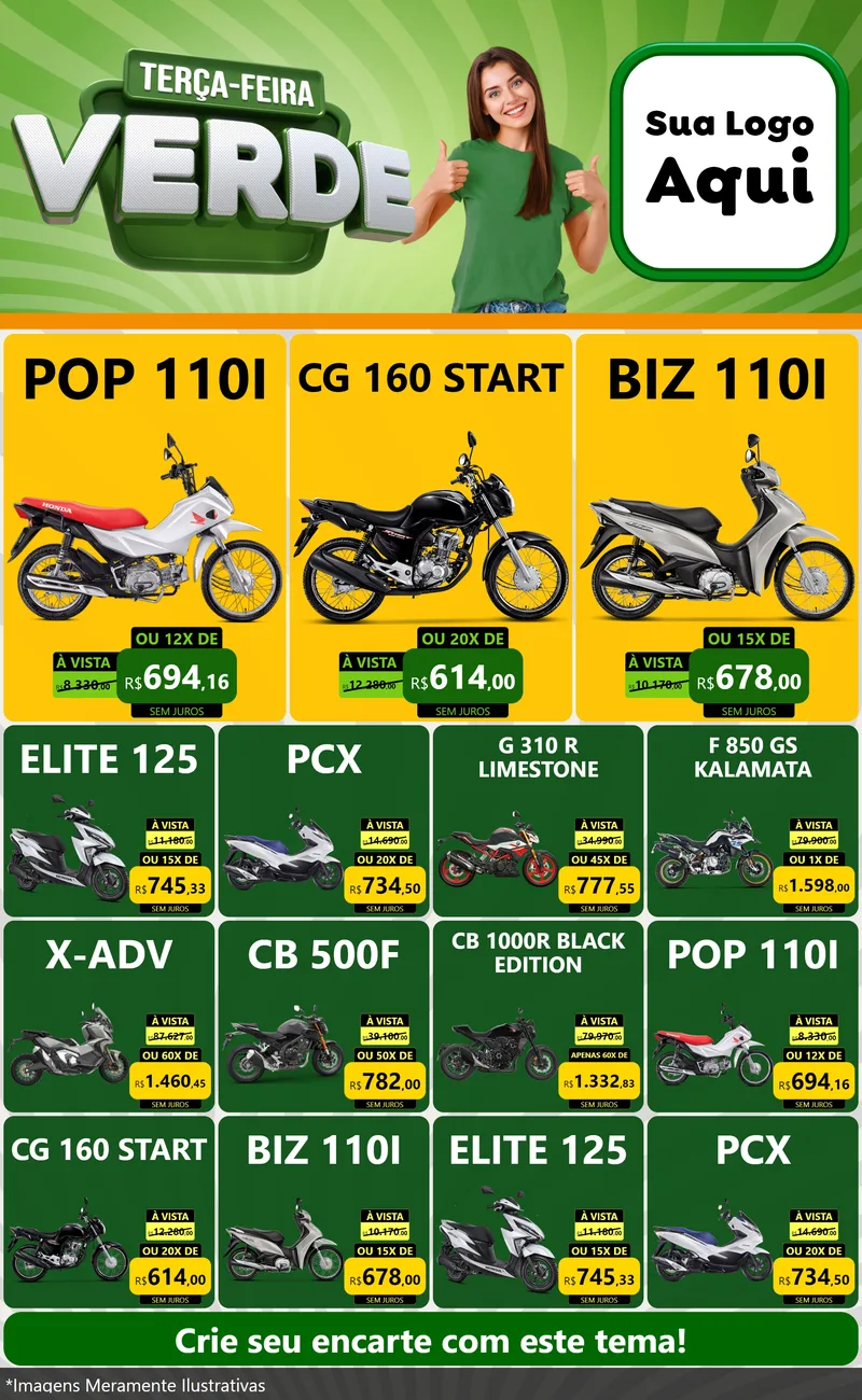 Modelo de Encarte para Encarte Grande com o tema Terça - Feira Verde para Concessionaria de Motos