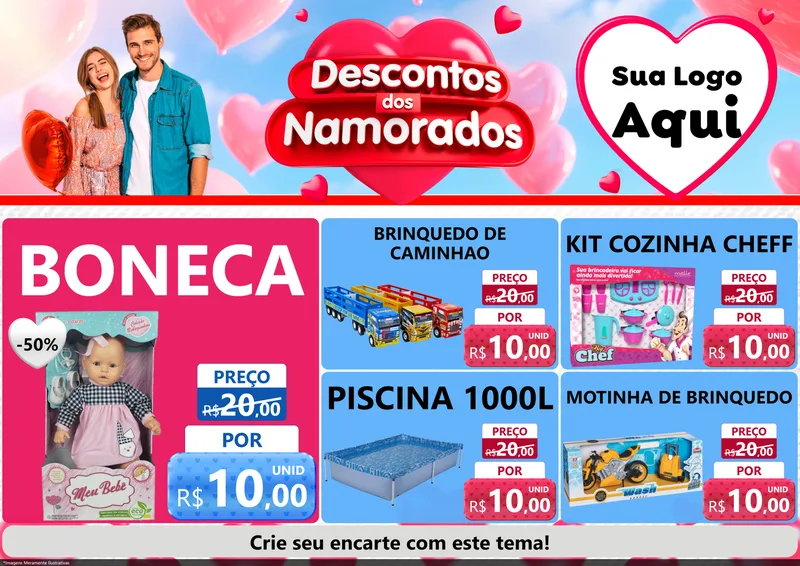 Modelo de Encarte para Encarte A4 Horizontal com o tema Descontos dos Namorados para Brinquedos