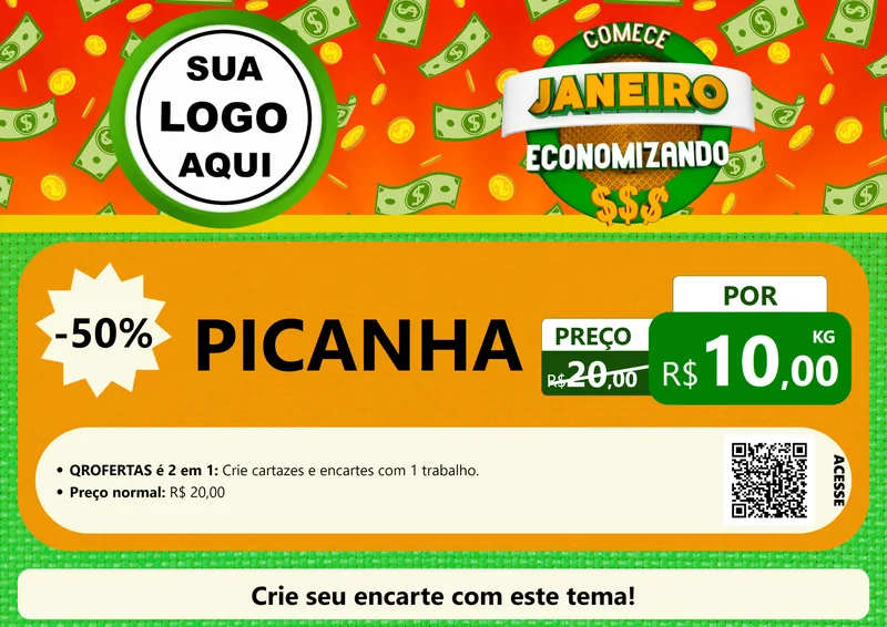 Modelo de Cartaz para Cartaz A4 Horizontal com o tema Comece Janeiro Economizando para Açougue