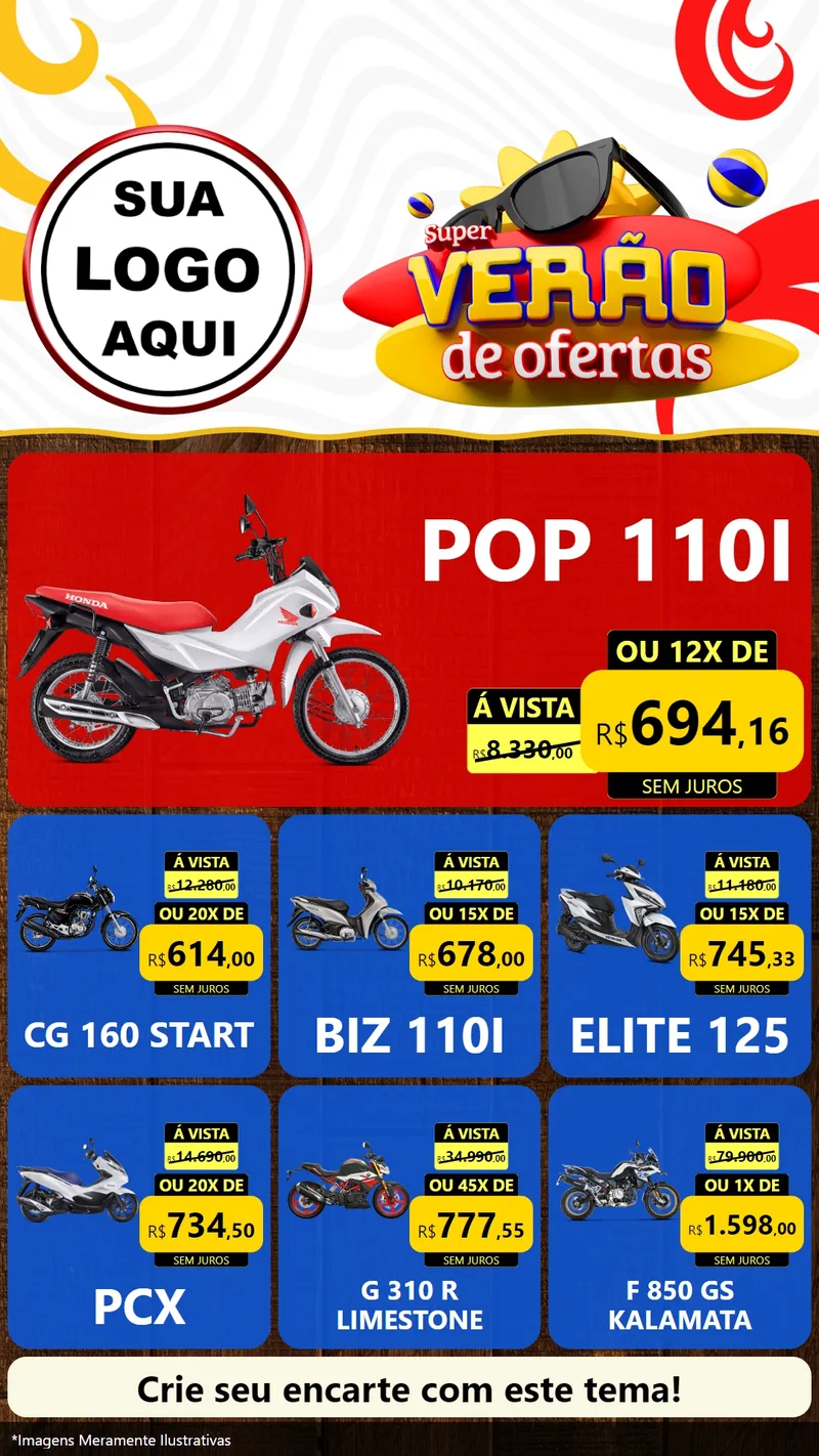 Modelo de Rede Social para Stories com o tema Super Verão de Ofertas para Concessionaria de Motos