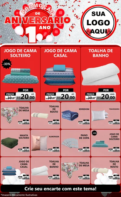 Modelo de Encarte para Encarte Grande com o tema Promoção de Aniversário - 1 Ano para Cama, Mesa e Banho