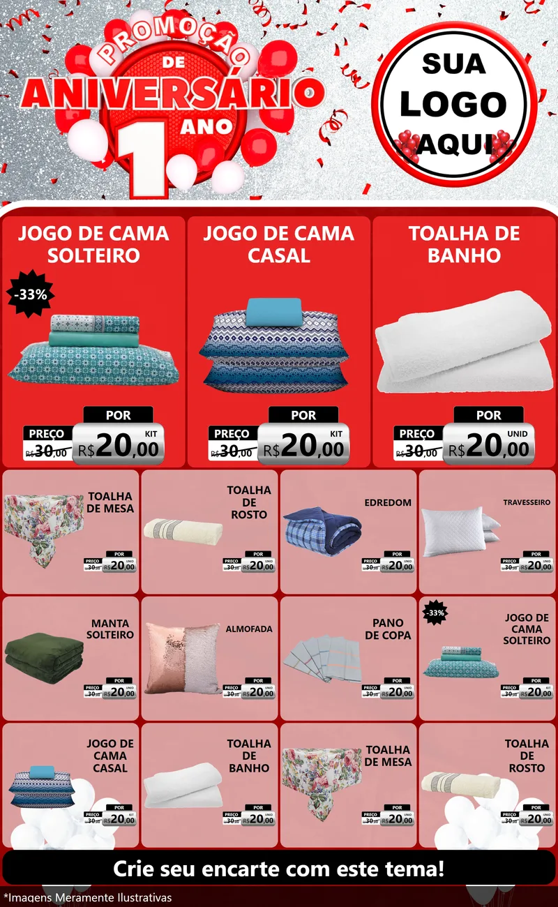 Modelo de Encarte para Encarte Grande com o tema Promoção de Aniversário - 1 Ano para Cama, Mesa e Banho
