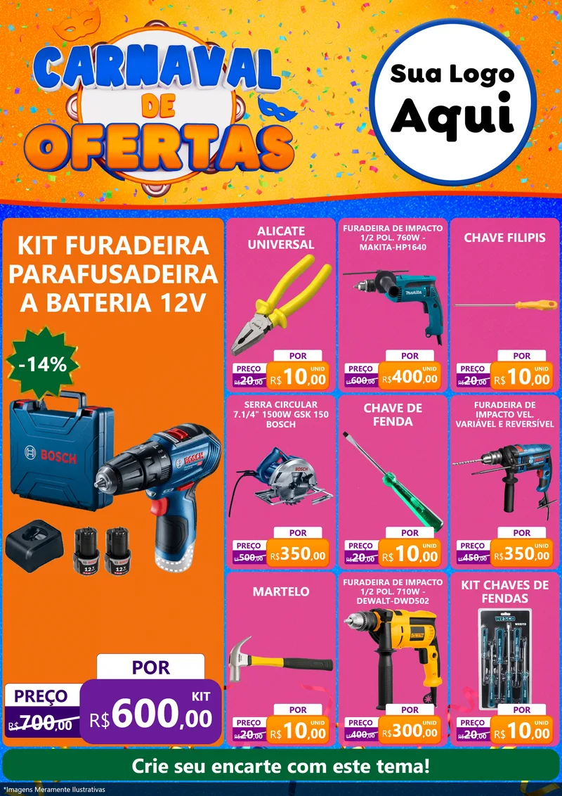 Modelo de Encarte para Encarte A4 Vertical com o tema Carnaval de Ofertas para Maquinas e Ferramentas