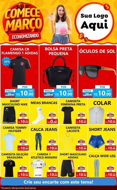 Modelo de Encarte para Encarte Grande com o tema Comece Março Economizando para Roupas e acessórios