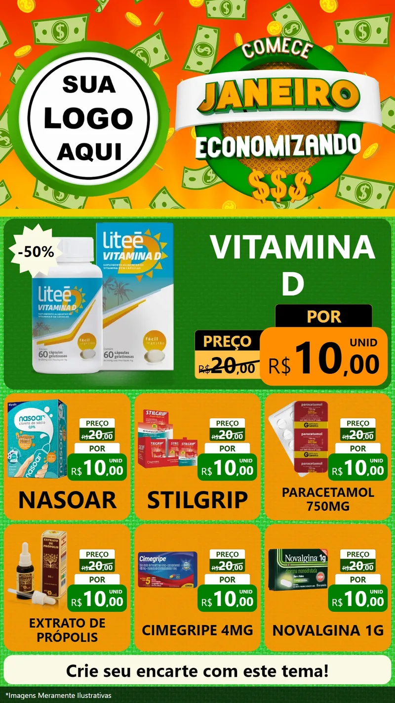 Modelo de Rede Social para Stories com o tema Comece Janeiro Economizando para Farmácia