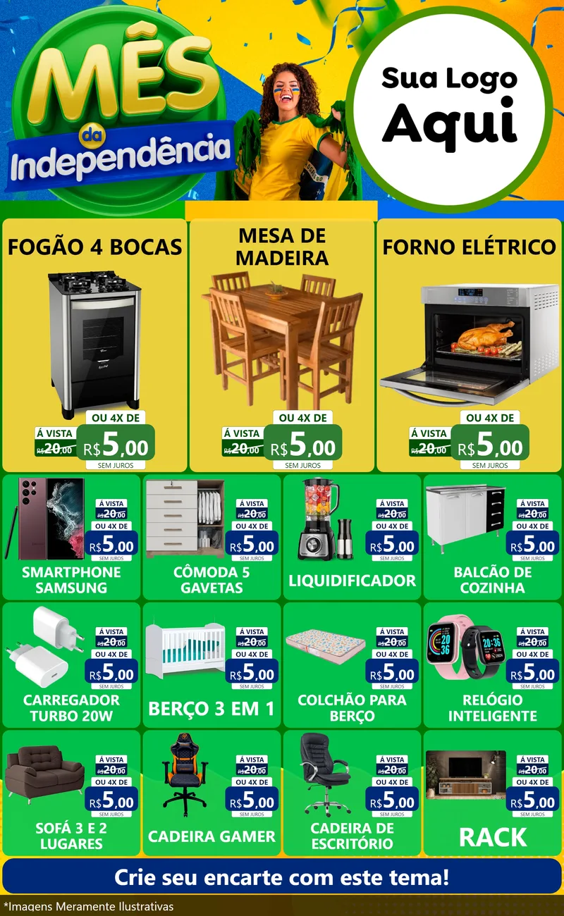 Modelo de Encarte para Encarte Grande com o tema Mês da Independência para Móveis e Eletro