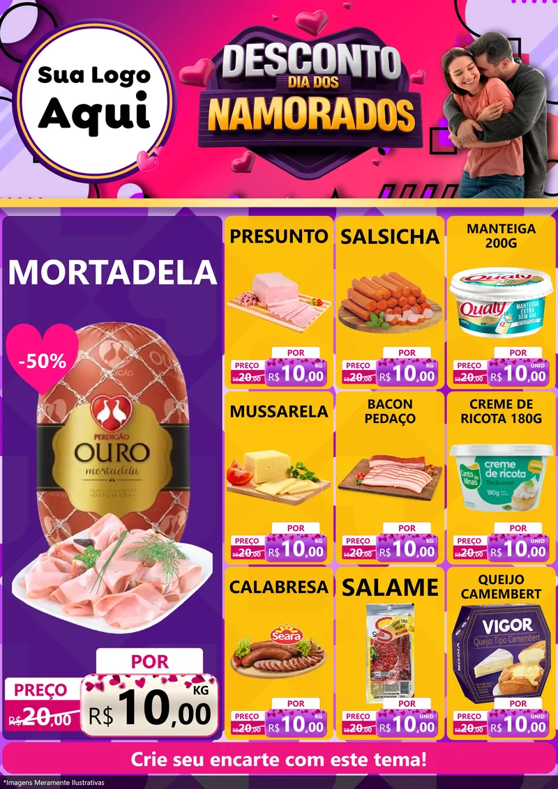 Modelo de Encarte para Encarte A4 Vertical com o tema Desconto Dia dos Namorados para Frios e Laticínios