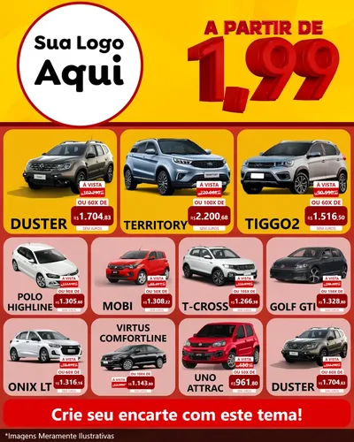 Modelo de Rede Social para Feed Instagram com o tema A Partir de Um e Noventa e Nove - 1,99 para Concessionaria de Carros